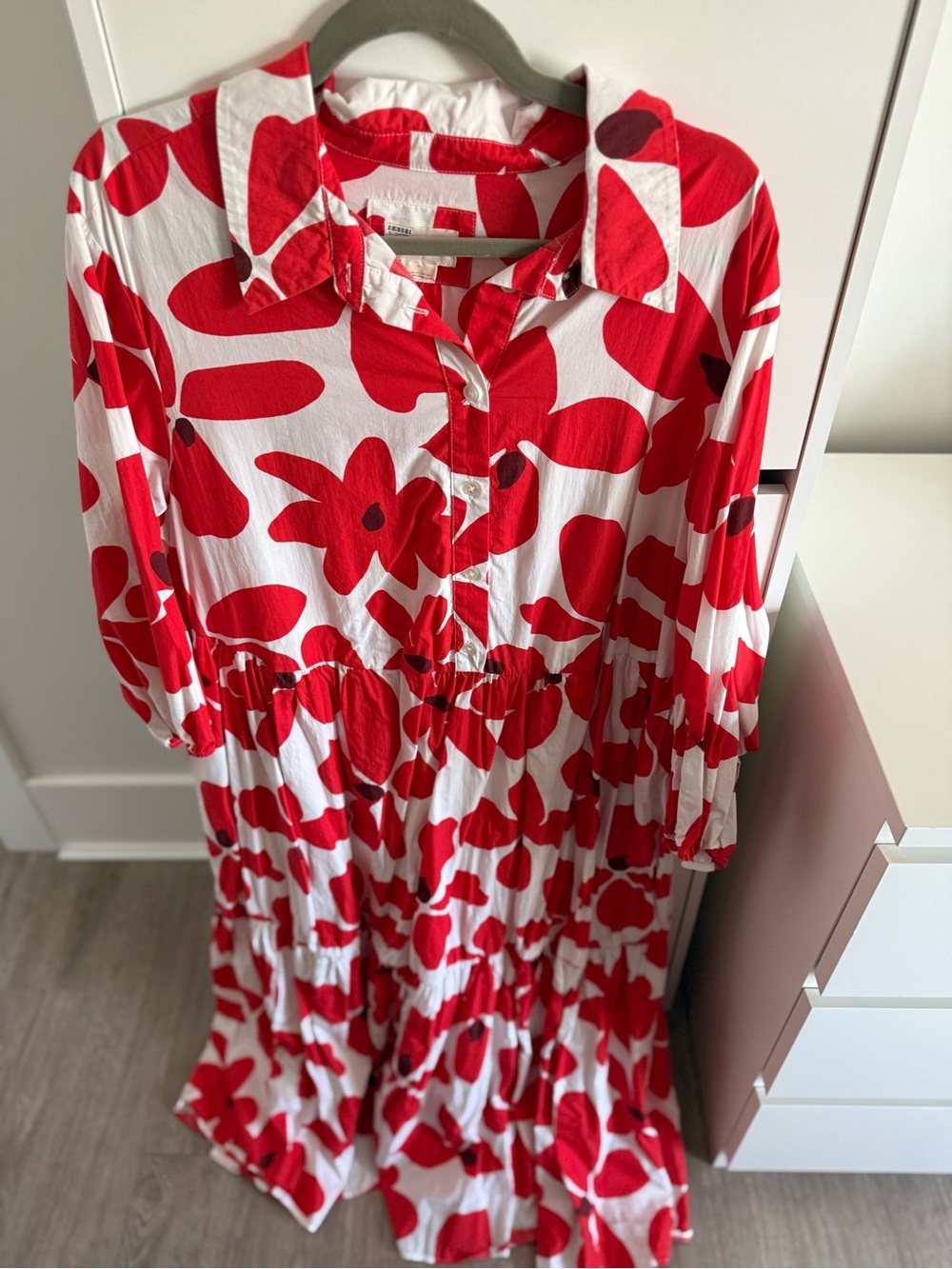 Red & White Floral Tiered Shirt Dress by Anthropologie